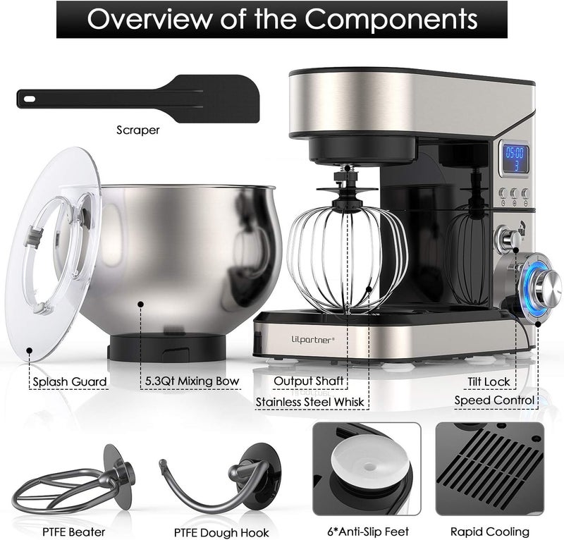 LILPARTNER Stand Mixer, Stainless Steel Mixer 5.3-QT LCD Display Food Mixer, 6+P Speed itchen Electric Mixer Tilt-Head Mixer with Stainless Steel Bowl, Dough Hook, Beater, Whisk - Image 2